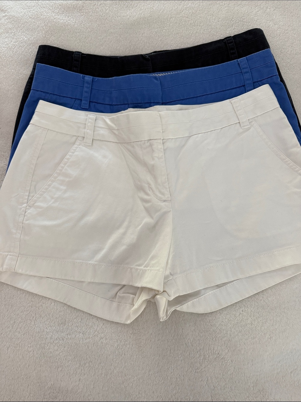 J Crew Women’s Casual Stretch Shorts - White, Blue, Black 3” seam.